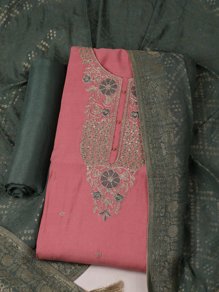Embroidered Chanderi Unstitched Suit With Pant &amp; Dupatta