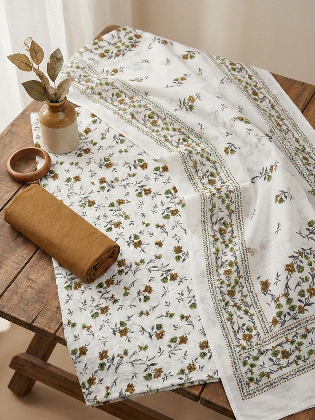 Embroidered Cotton Blend Unstitched Suit With Pant &amp; Dupatta