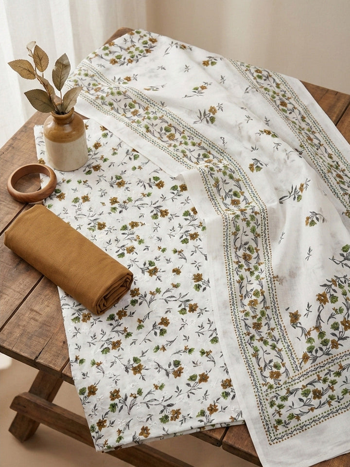 Embroidered Cotton Blend Unstitched Suit With Pant &amp; Dupatta