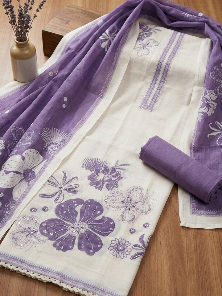 Embroidered Cotton Blend Unstitched Suit With Pant &amp; Dupatta