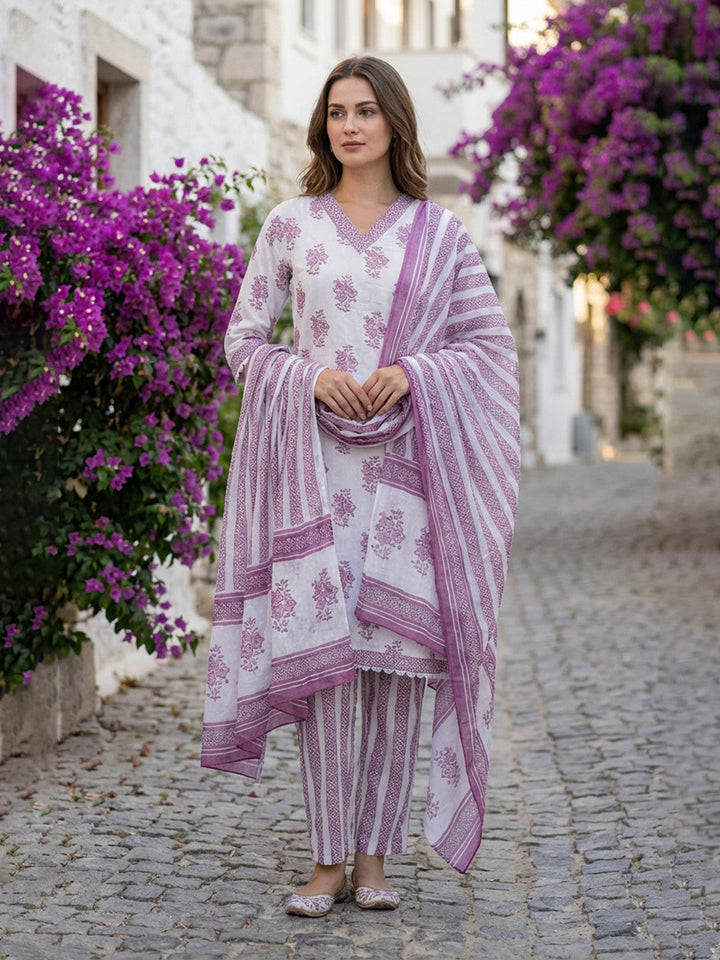 Printed Cotton Blend Kurta With Pant &amp; Dupatta