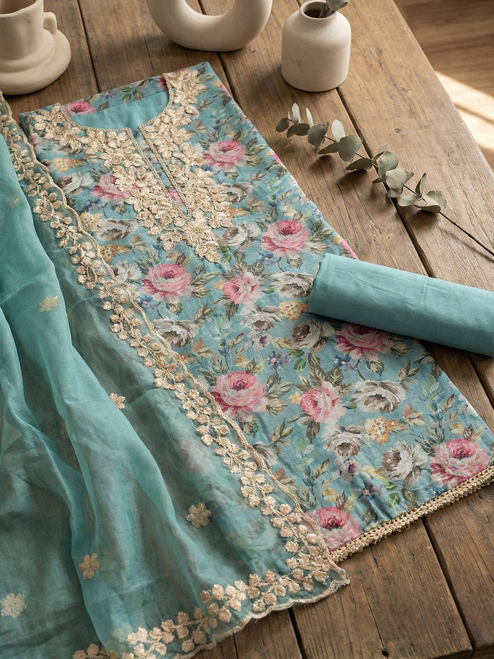 Printed Chanderi Unstitched Suit With Pant &amp; Dupatta