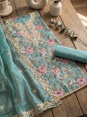 Printed Chanderi Unstitched Suit With Pant & Dupatta