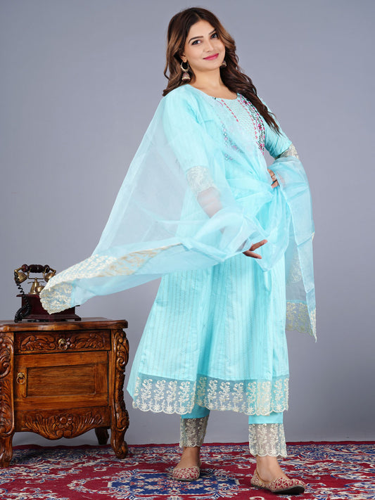 Cotton Anarkali Embroidered Suit Set With Lace