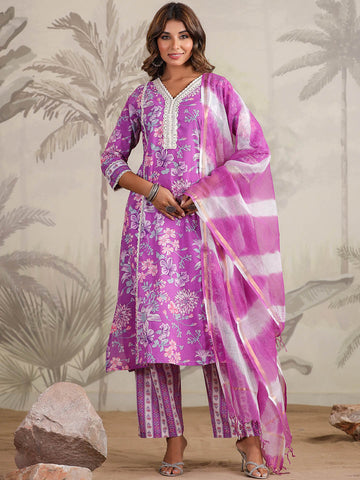 Floral Printed Cotton Blend Kurta With Pants & Dupatta