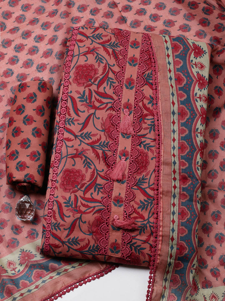 Embroidered Cotton Blend Unstitched Suit With Pant &amp; Dupatta