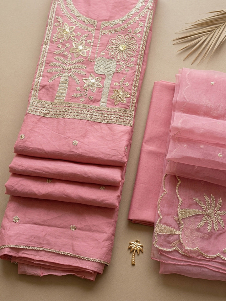 Embroidered Chanderi Unstitched Suit With Pant &amp; Dupatta