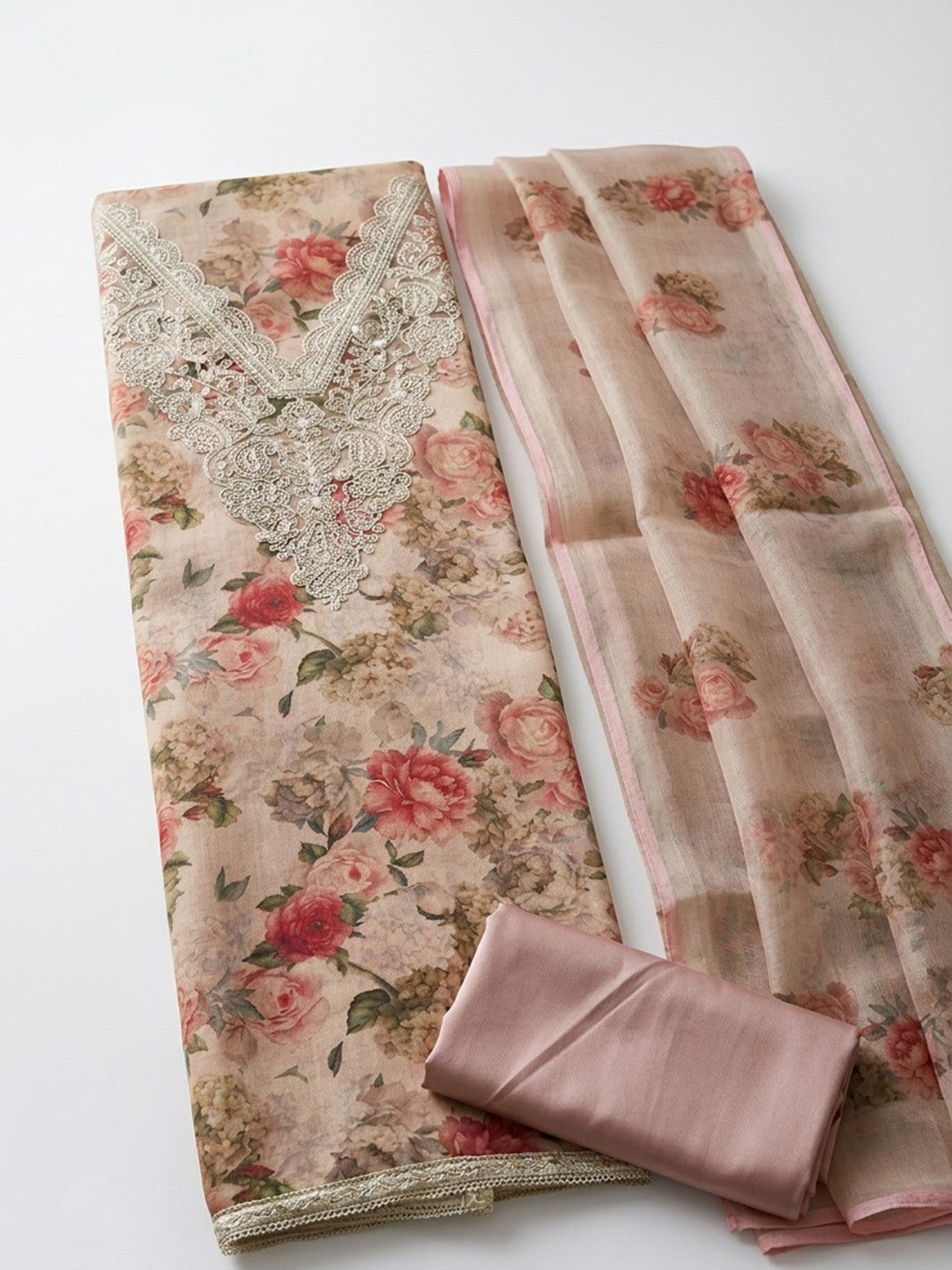 Embroidered Tissue Unstitched Suit With Pant &amp; Dupatta
