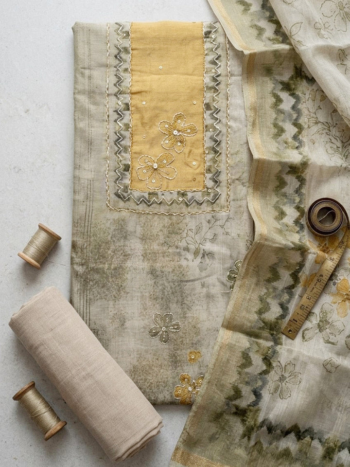 Printed Linen Blend Unstitched Suit With Pant &amp; Dupatta
