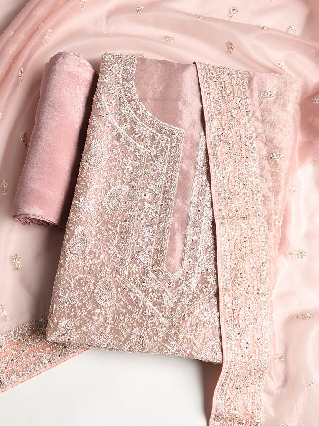 Chikan Work Organza Unstitched Suit With Dupatta