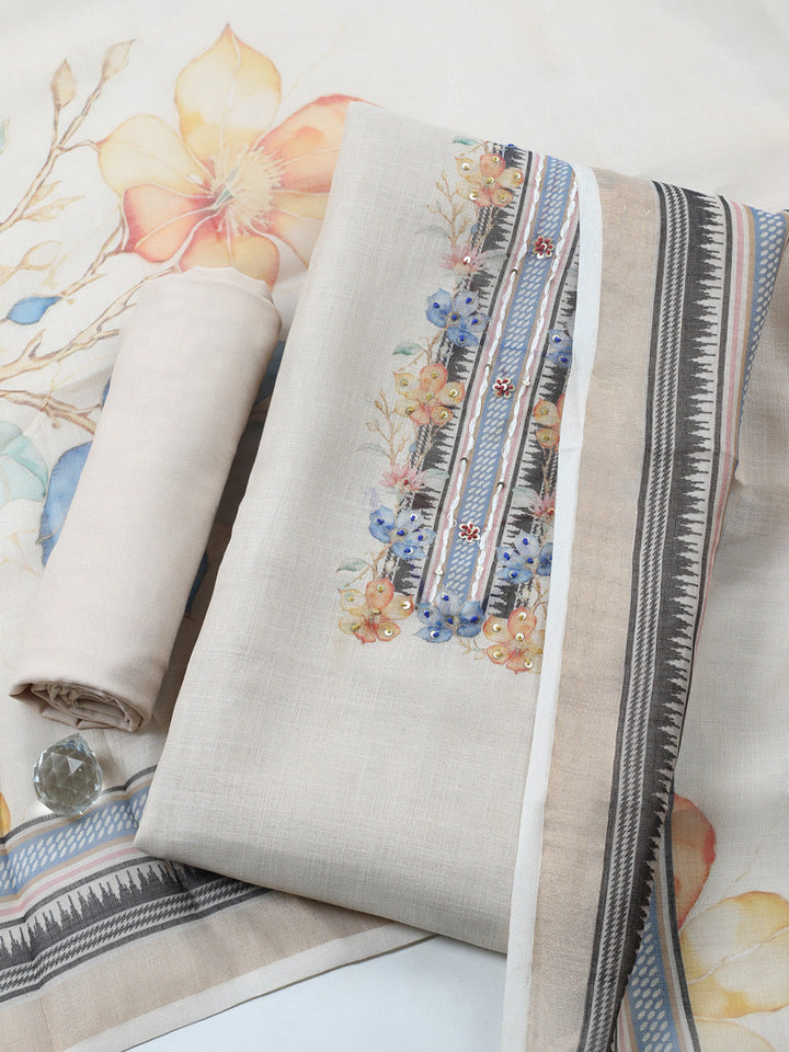 Printed Linen Blend Unstitched Suit With Pant &amp; Dupatta