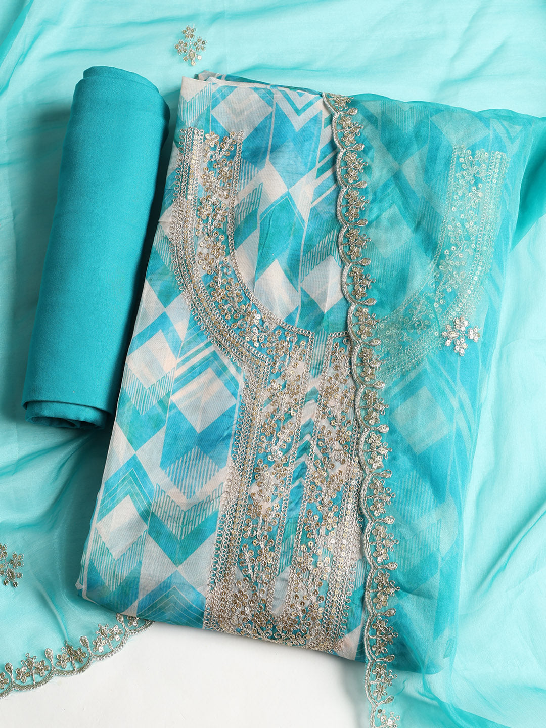 Embroidered Organza Unstitched Suit With Dupatta