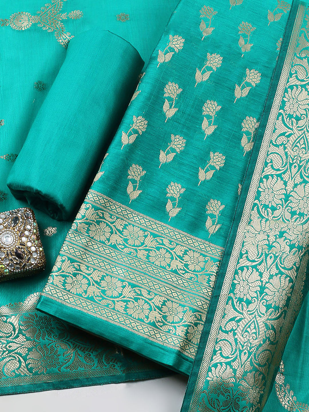 Woven Design Chanderi Unstitched Suit With Pant &amp; Dupatta