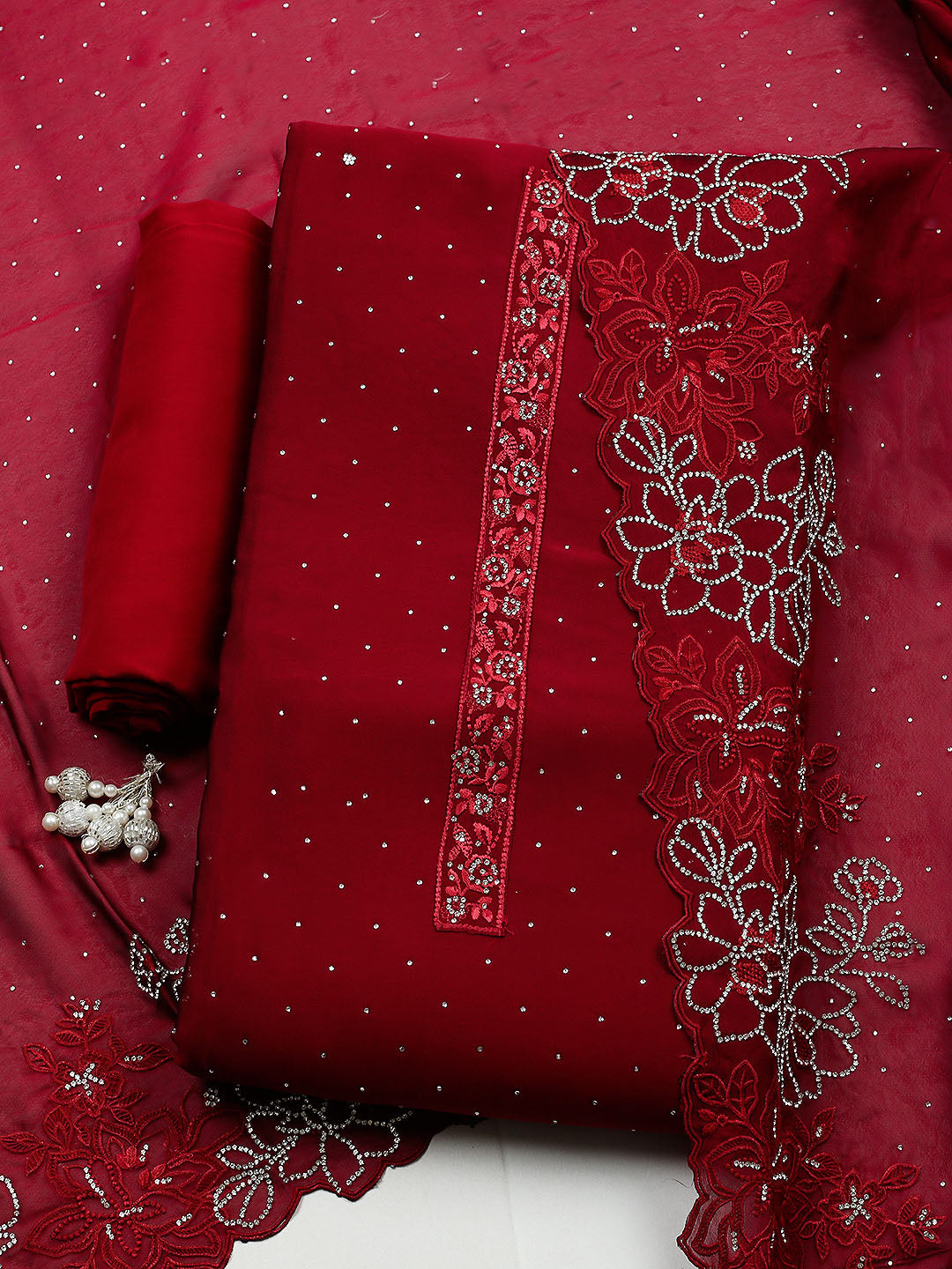 Embellished Art Silk Unstitched Suit With Pant &amp; Dupatta
