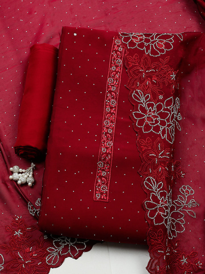 Embellished Art Silk Unstitched Suit With Pant &amp; Dupatta