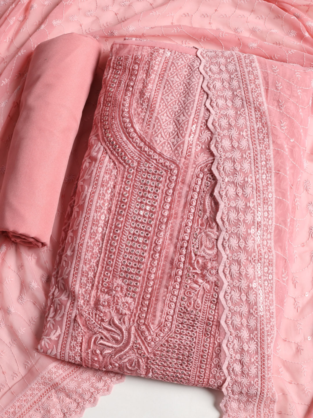 Chikan Work Georgette Unstitched Suit With Dupatta