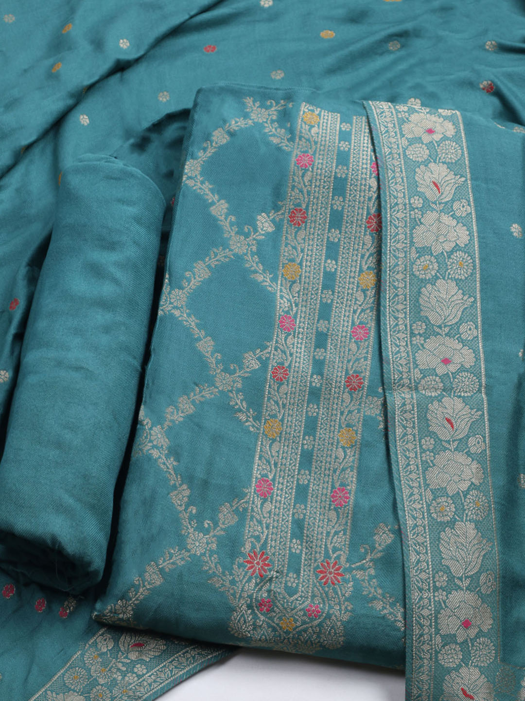 Pashmina Woven Design Unstitched Kurta With Pant &amp; Dupatta