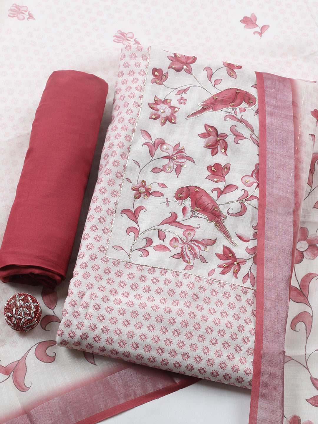 Printed Linen Blend Unstitched Suit With Pant &amp; Dupatta