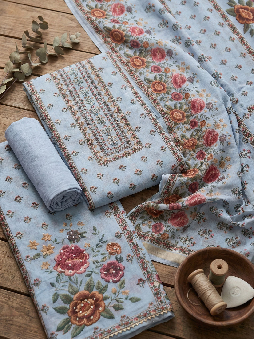Embroidered Cotton Blend Unstitched Suit With Pant &amp; Dupatta