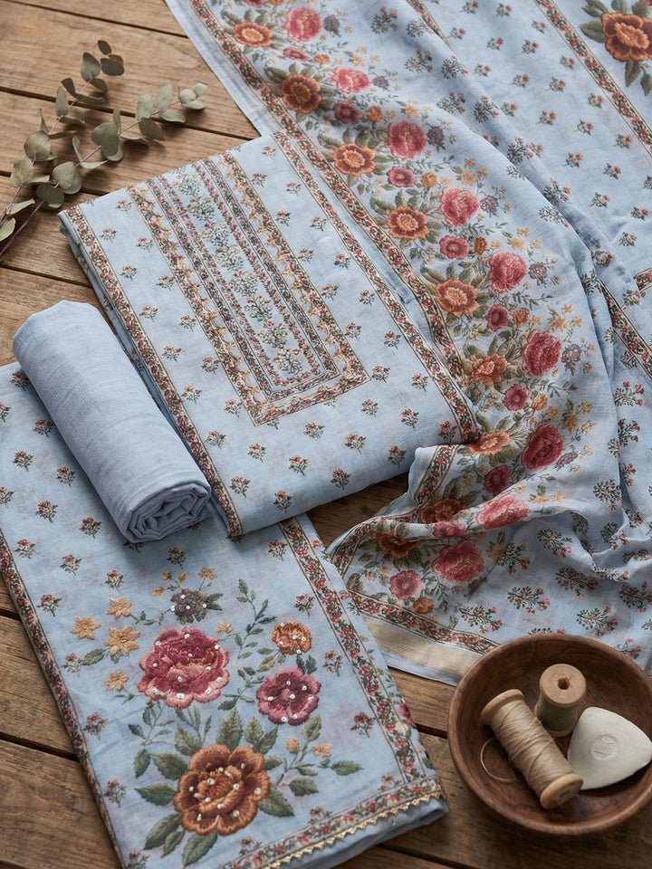 Embroidered Cotton Blend Unstitched Suit With Pant &amp; Dupatta