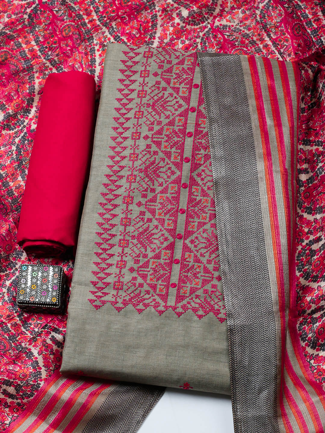 Embroidered Cotton Blend Unstitched Suit With Pant &amp; Dupatta
