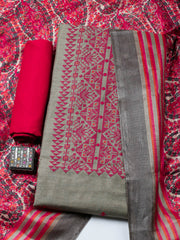 Embroidered Cotton Blend Unstitched Suit With Pant & Dupatta