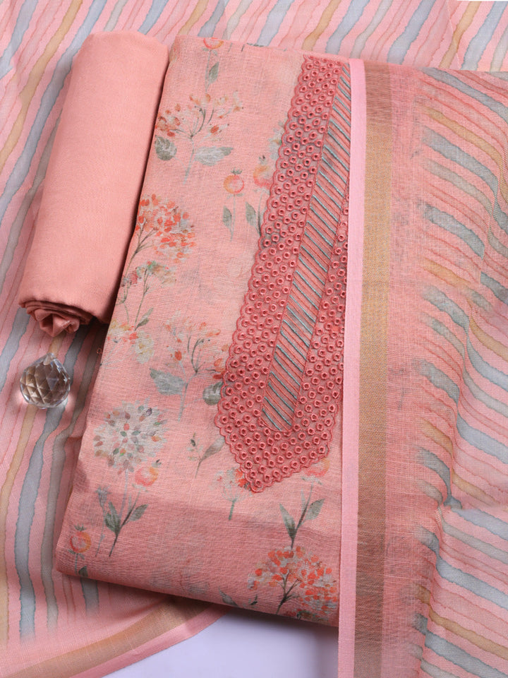 Printed Linen Blend Unstitched Suit With Pant &amp; Dupatta