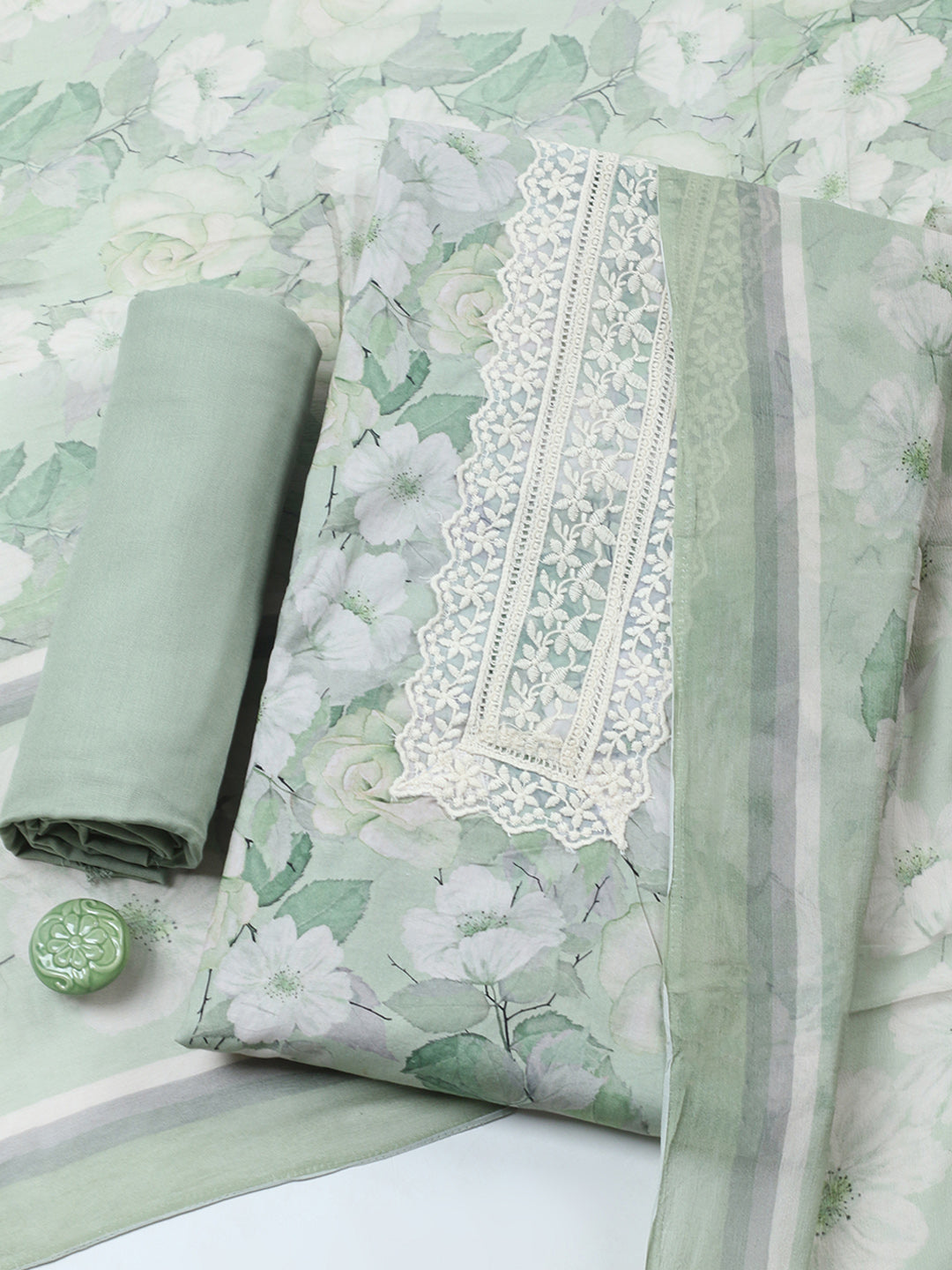 Plain Cotton Blend Unstitched Suit With Pant &amp; Dupatta