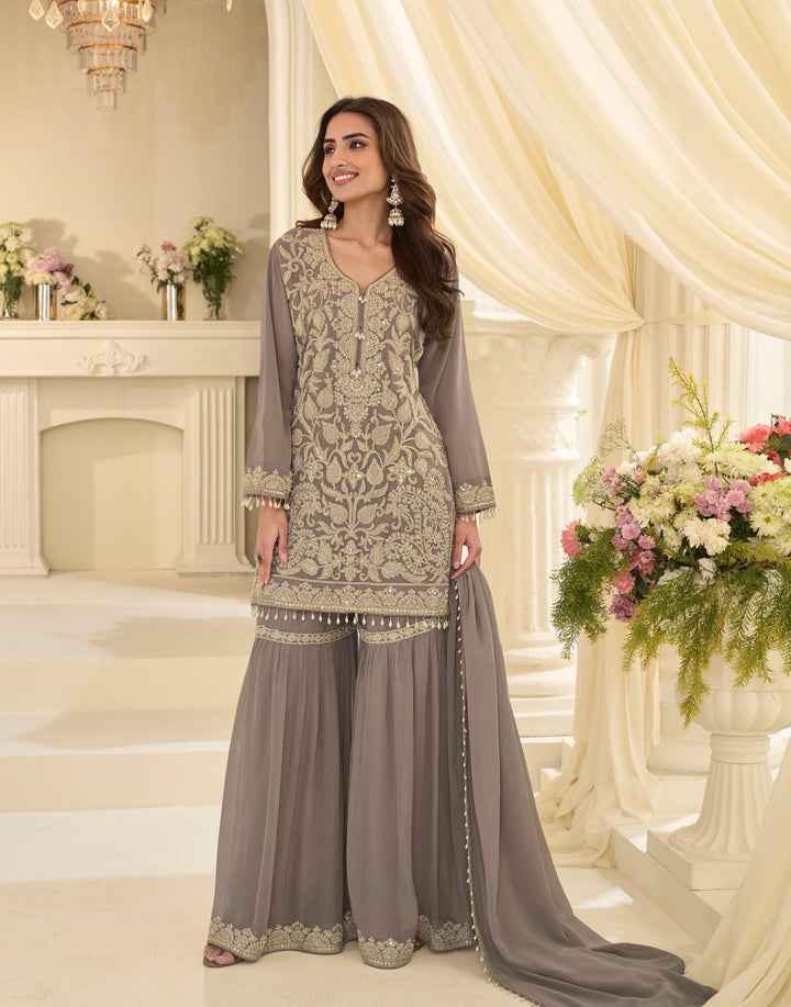 Grey Georgette Embroidered Kurta With Sharara &amp; Dupatta