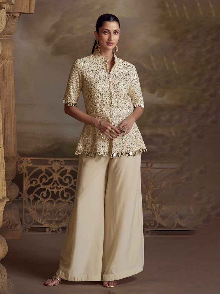 Beige Art Silk Embroidered Kurta with Palazzo Set