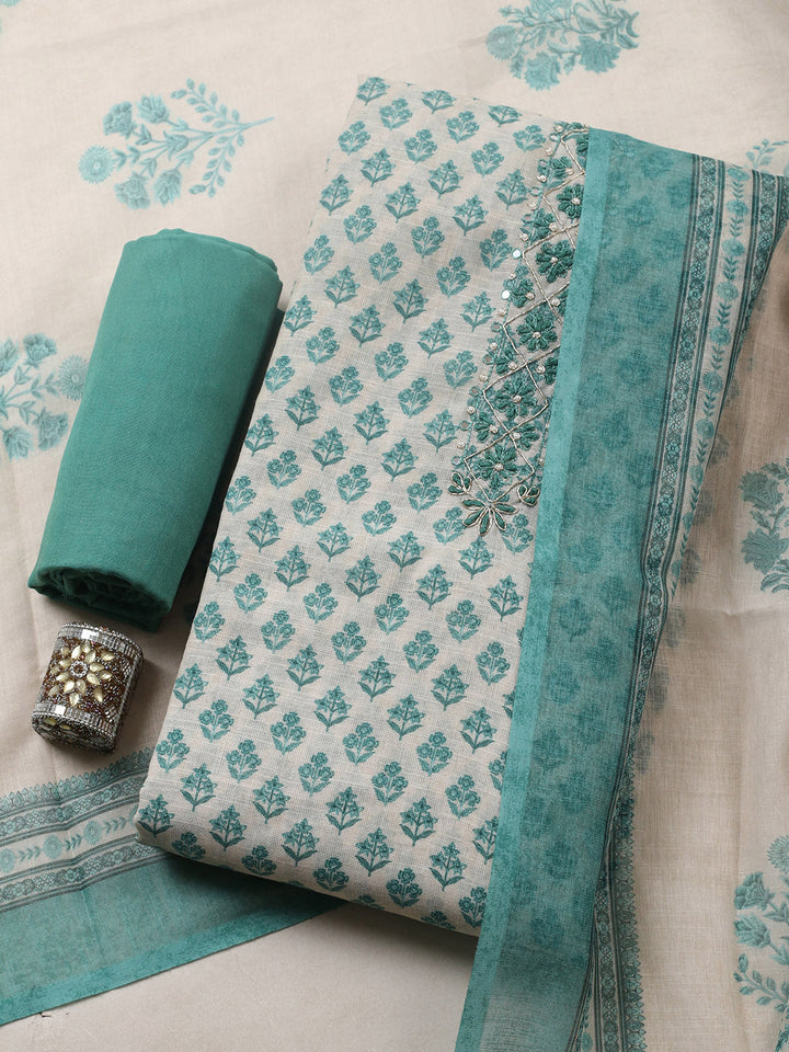 Embroidered Cotton Blend Unstitched Suit With Pant &amp; Dupatta