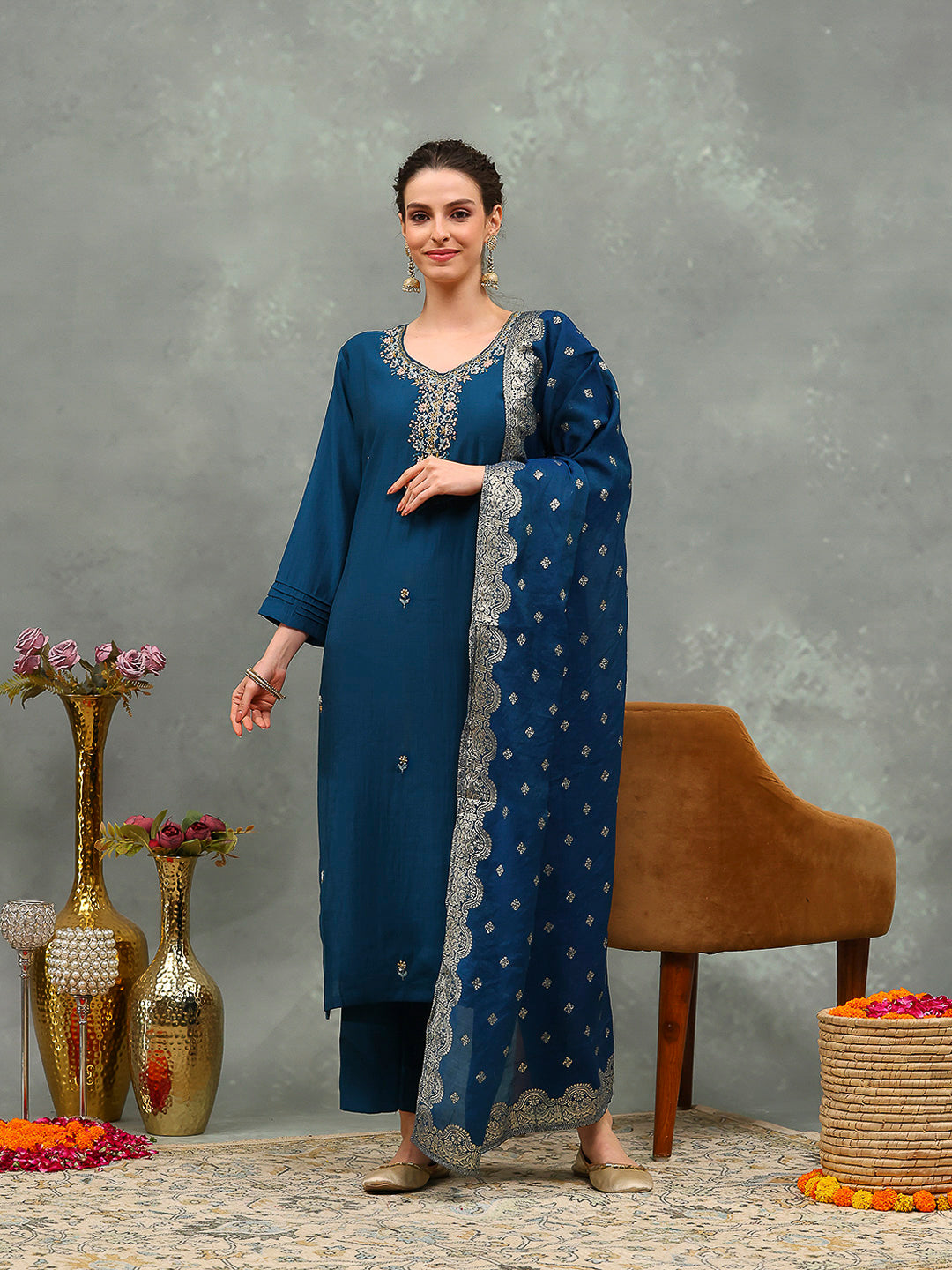 Embroidered Muslin Kurta With Pants & Dupatta