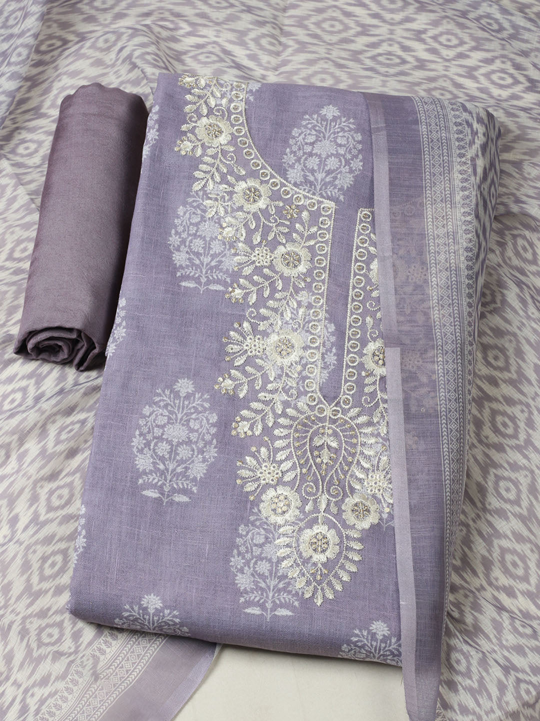 Embroidered Linen Blend Unstitched Suit With Pant &amp; Dupatta