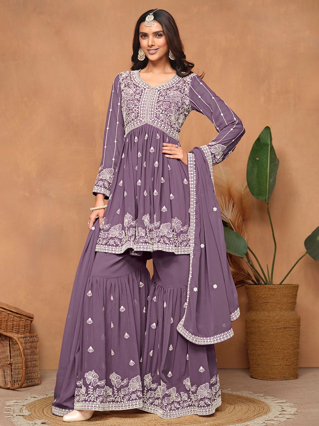 Embroidered Georgette Semi Stitched Kurta With Sharara &amp; Dupatta