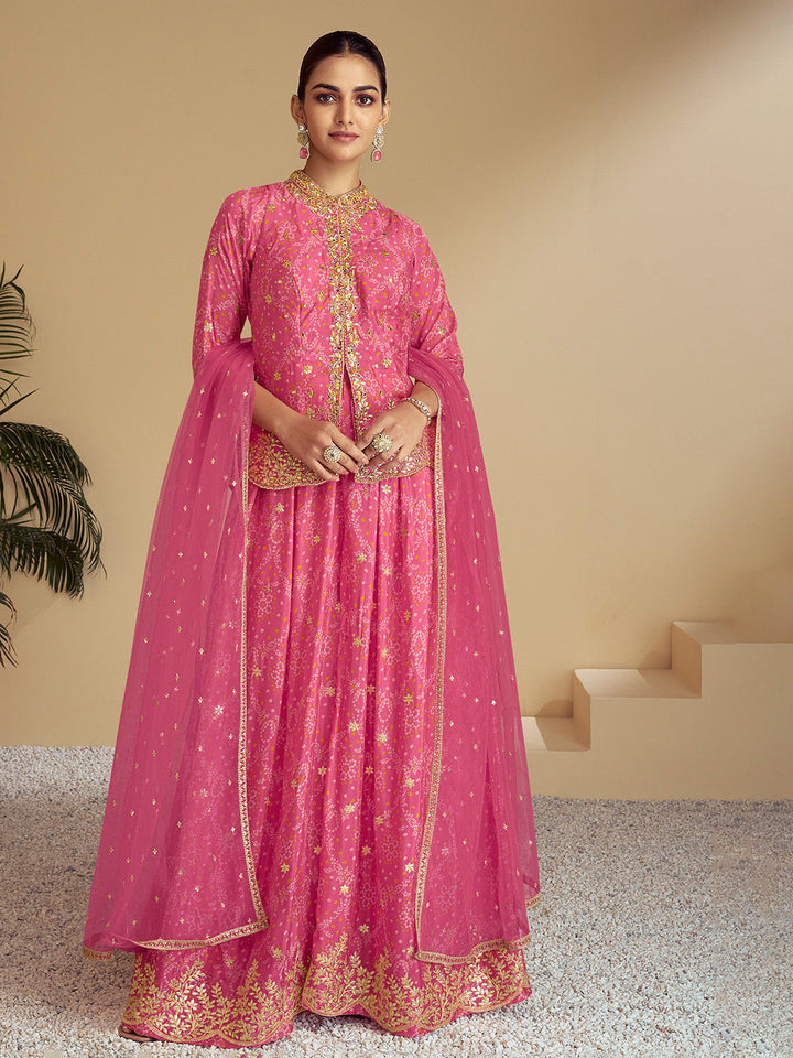 Embroidered Chinon Gown With Jacket &amp; Dupatta