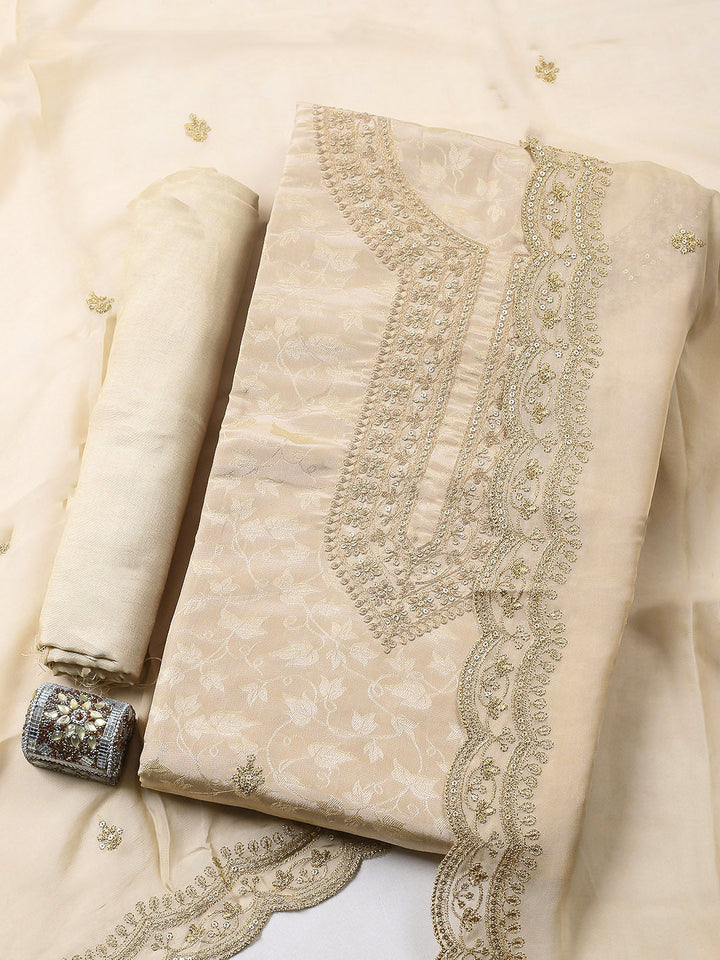 Embroidered Chanderi Unstitched Suit With Pant &amp; Dupatta