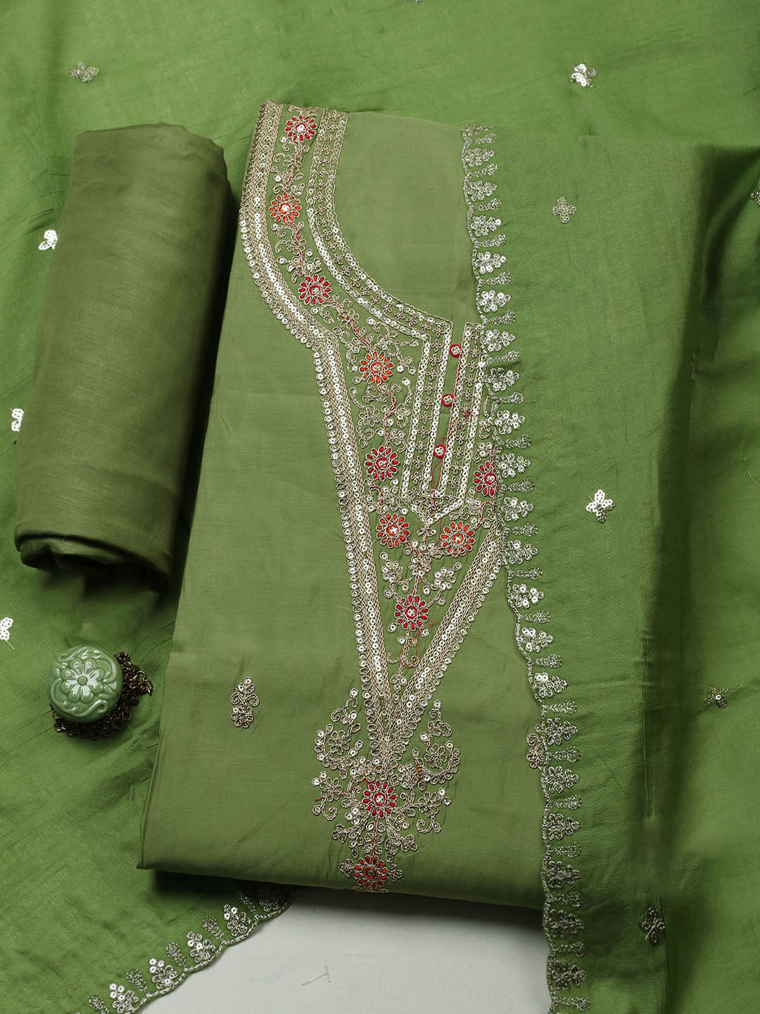 Embroidered Chanderi Unstitched Suit With Pant &amp; Dupatta