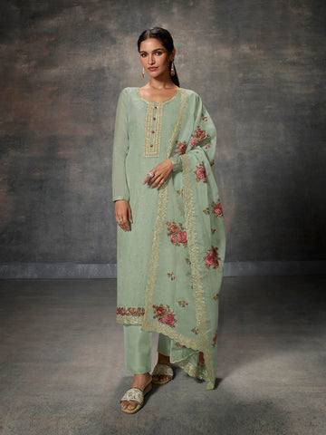 Neck Embroidered Organza Unstitched Suit Piece With Dupatta