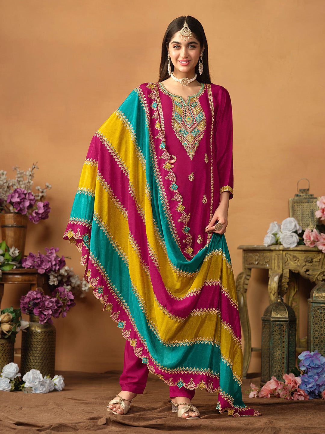 Embroidered Chinnon Silk Semi Stitched Kurta With Pant &amp; Dupatta
