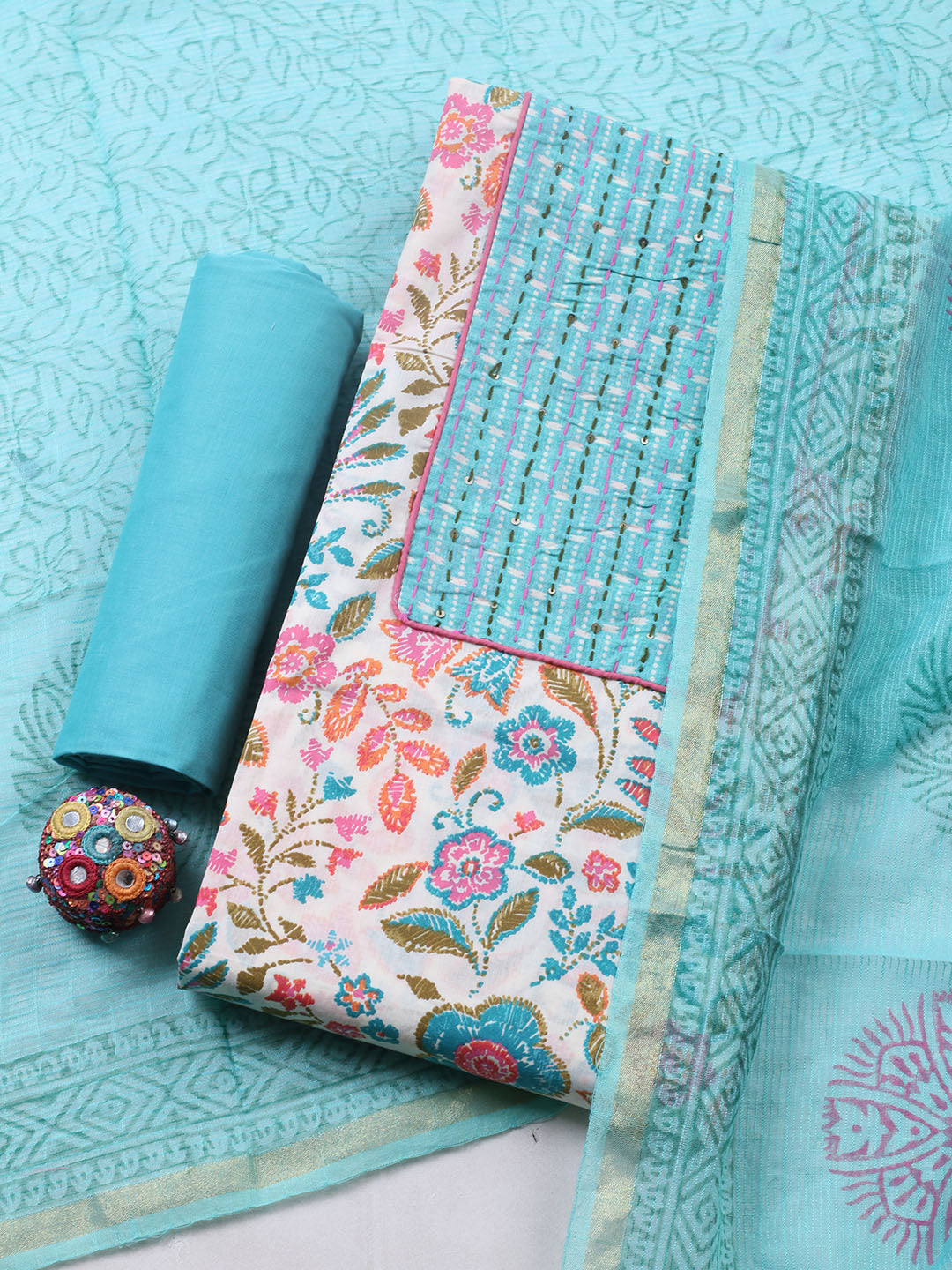 Printed Cotton Blend Unstitched Suit With Pant &amp; Dupatta
