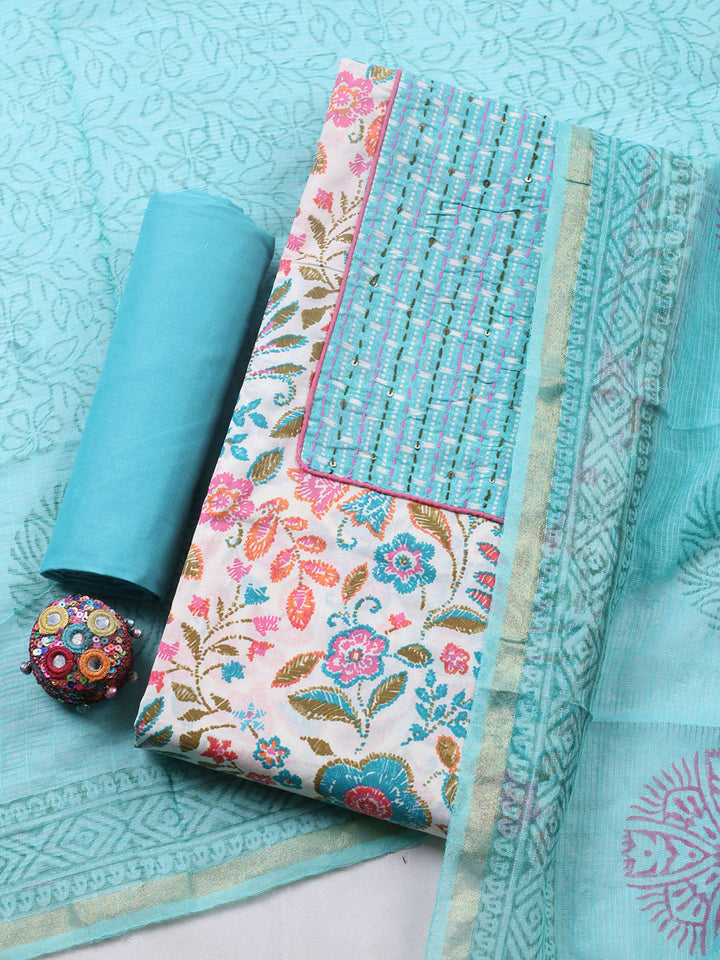 Printed Cotton Blend Unstitched Suit With Pant &amp; Dupatta