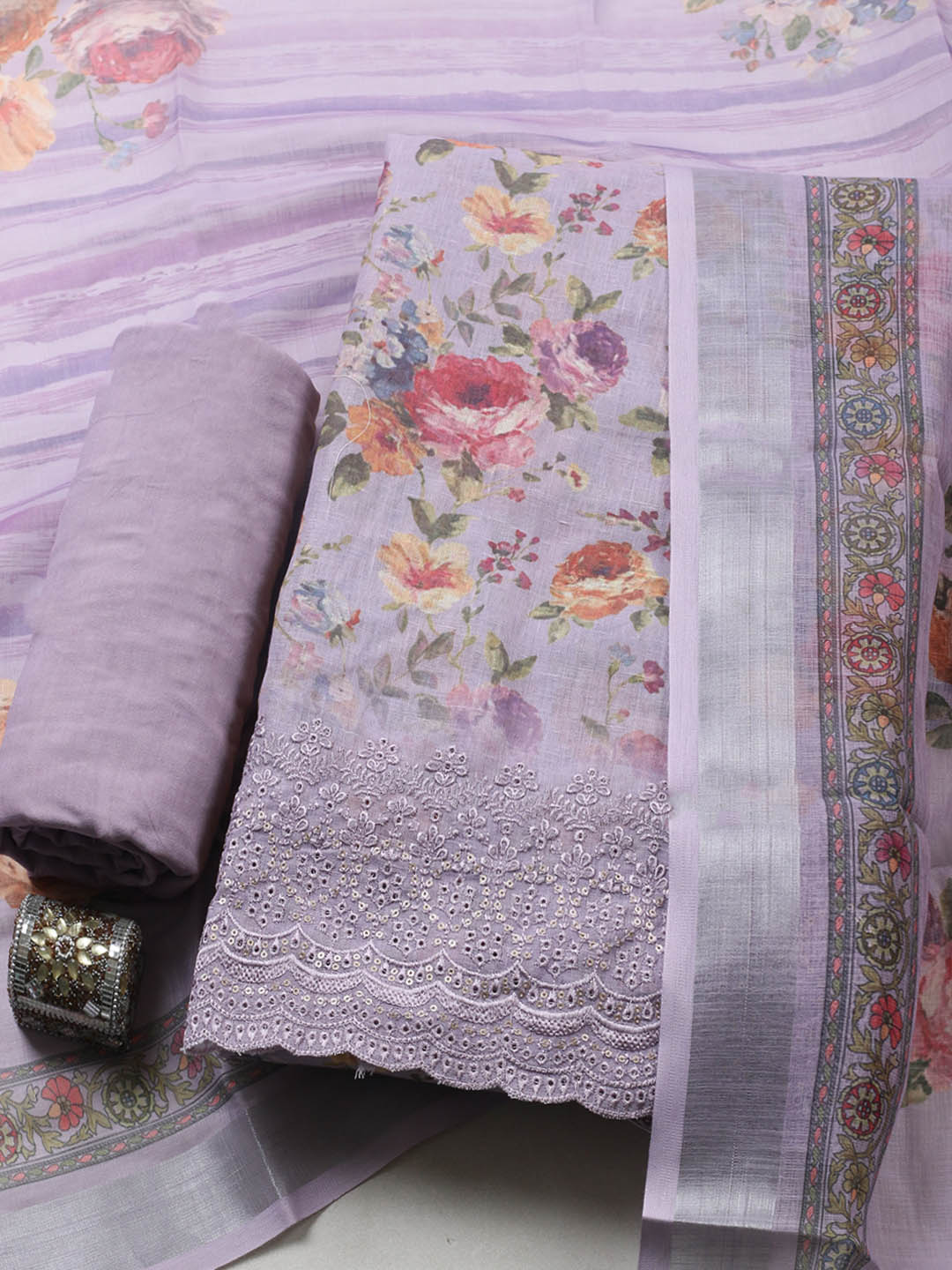 Embroidered Linen Blend Unstitched Suit With Pant &amp; Dupatta