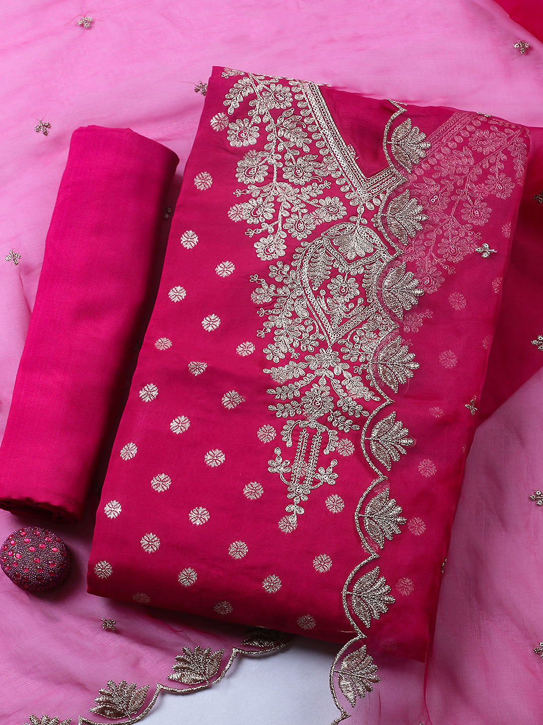 Embroidered Chanderi Unstitched Suit With Pant &amp; Dupatta
