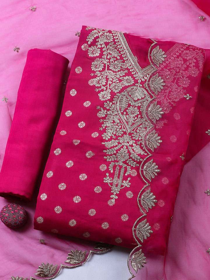 Embroidered Chanderi Unstitched Suit With Pant &amp; Dupatta