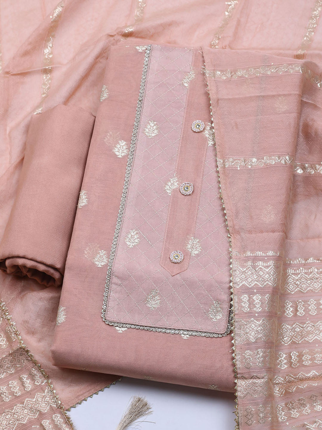 Zari Embroidered Chanderi Unstitched Suit With Dupatta