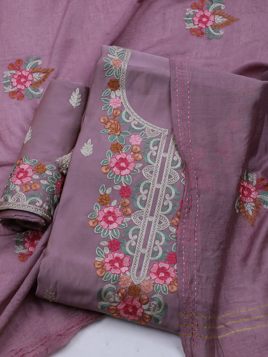 Neck Embroidered Chanderi Unstitched Suit With Dupatta