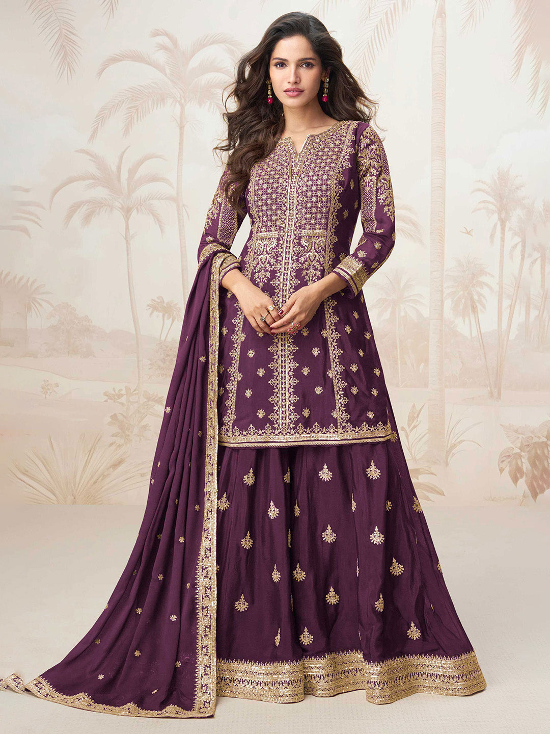 Embroidered Chinon Silk Kurti With Sharara &amp; Dupatta