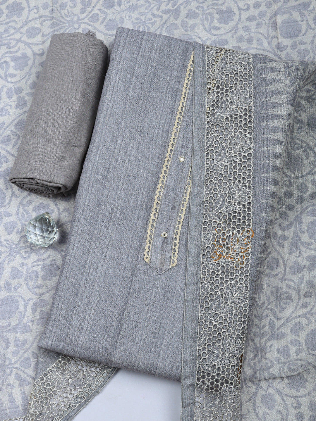 Embroidered Linen Blend Unstitched Suit With Pant &amp; Dupatta