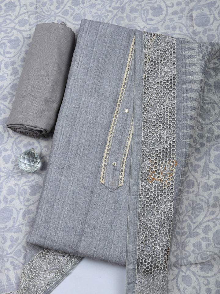 Embroidered Linen Blend Unstitched Suit With Pant &amp; Dupatta