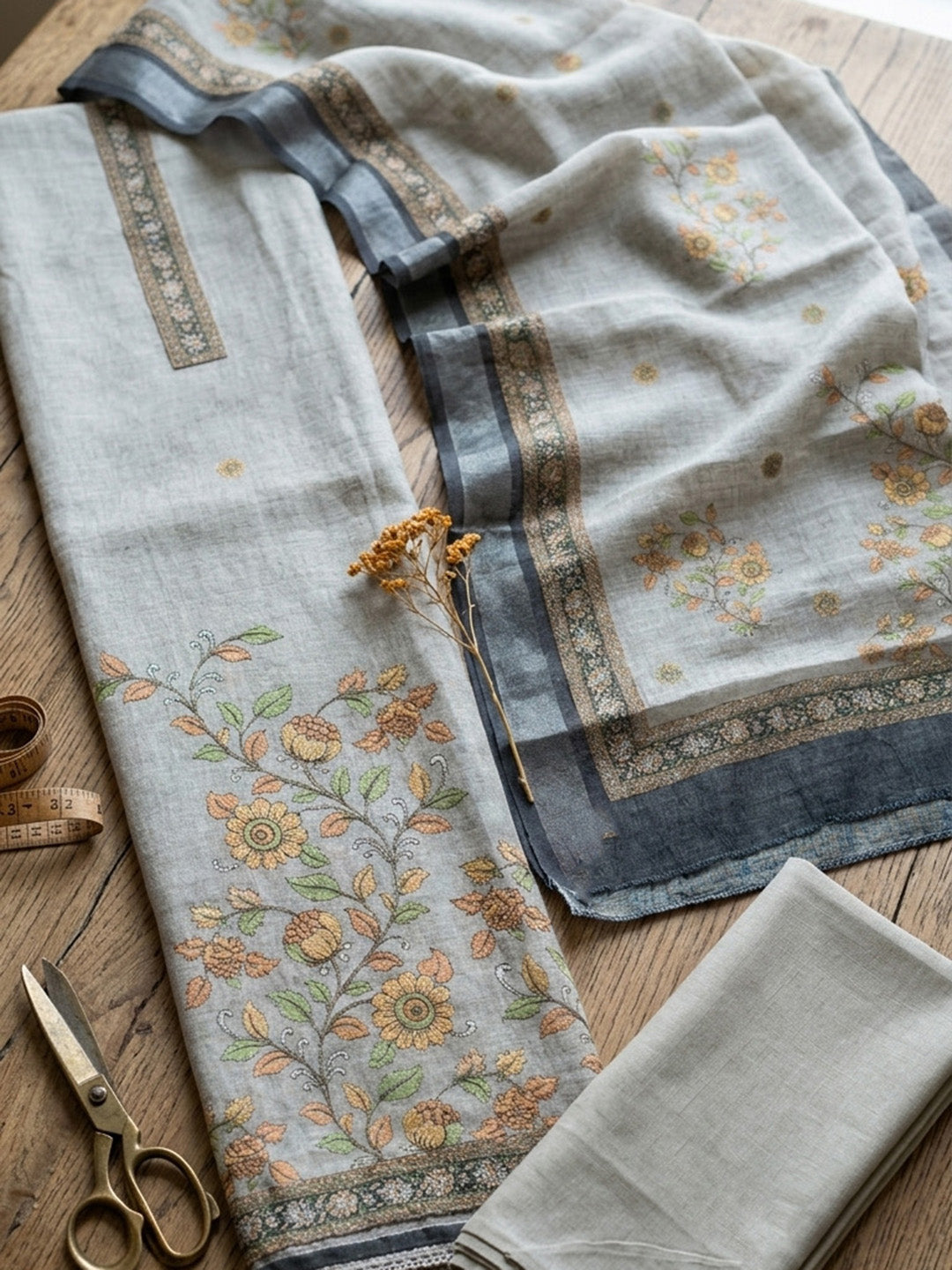 Embroidered Chanderi Unstitched Suit With Pant &amp; Dupatta